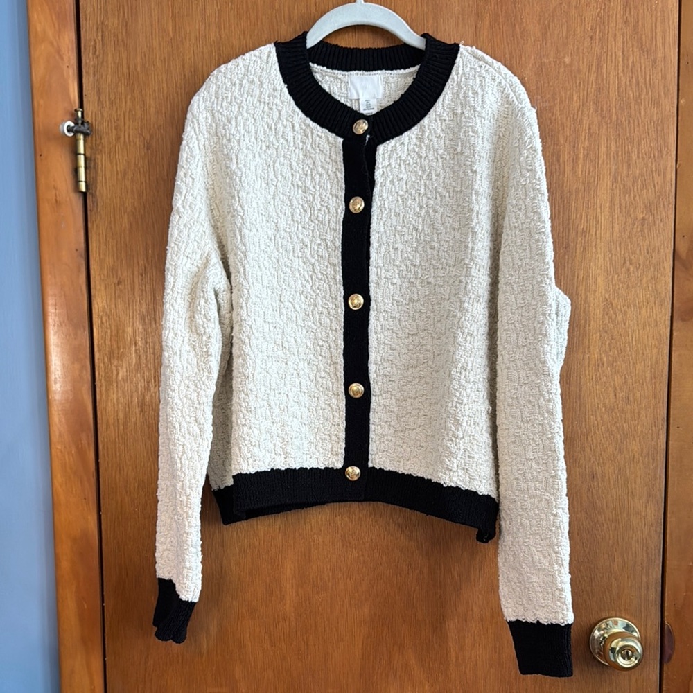 H&M Chic Black and White Cardigan with Gold Buttons Sz L
